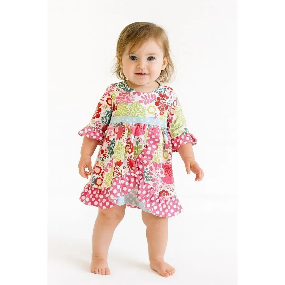 SMOCKED A LOT Toddler Girls Floral Ruffled Dress Size 18M Boho Polka Dots